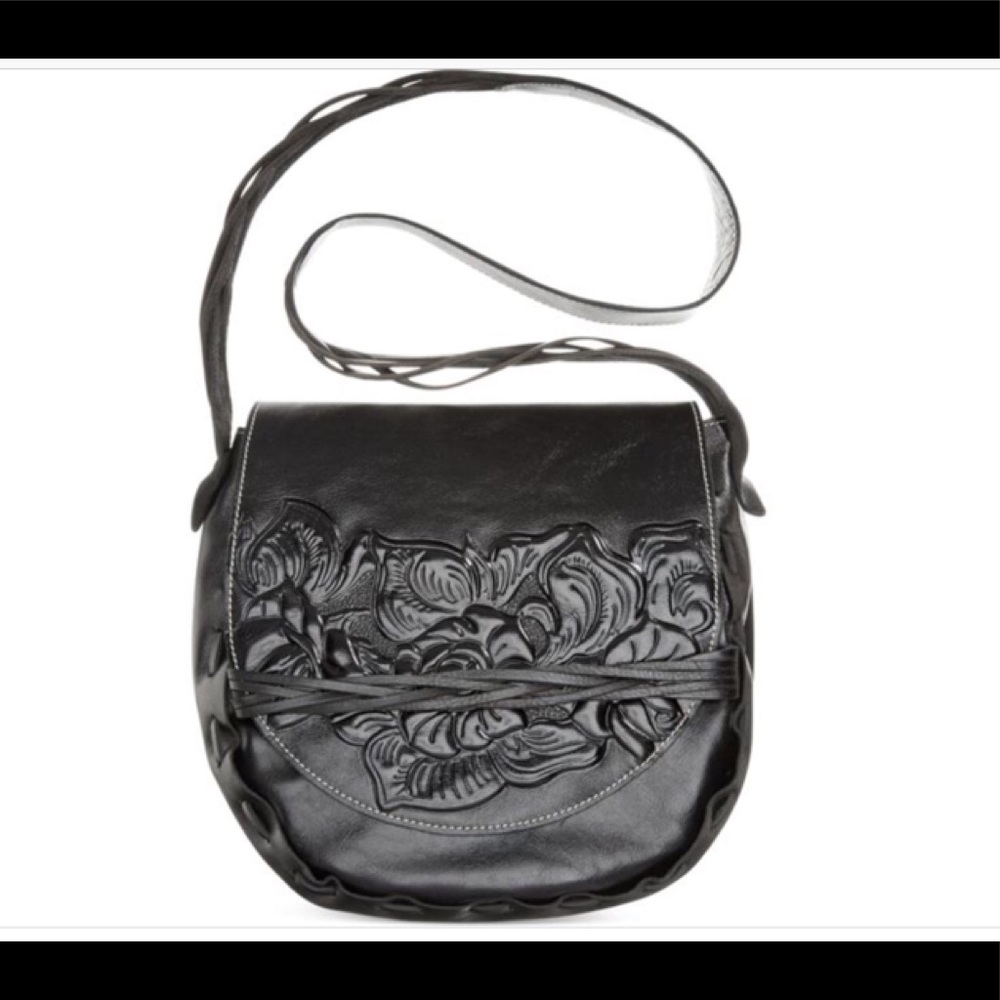 EUC Patricia  Nash Lg Black Firenze Tooled Flap Bag